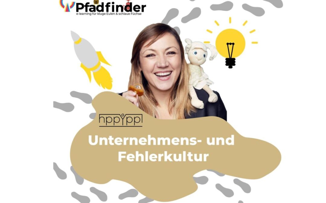 Frau mit Puppe und Schnuller, umgeben von Symbolen für Ideen und Unternehmertum, mit dem Text „Unternehmens- und Fehlerkultur“.