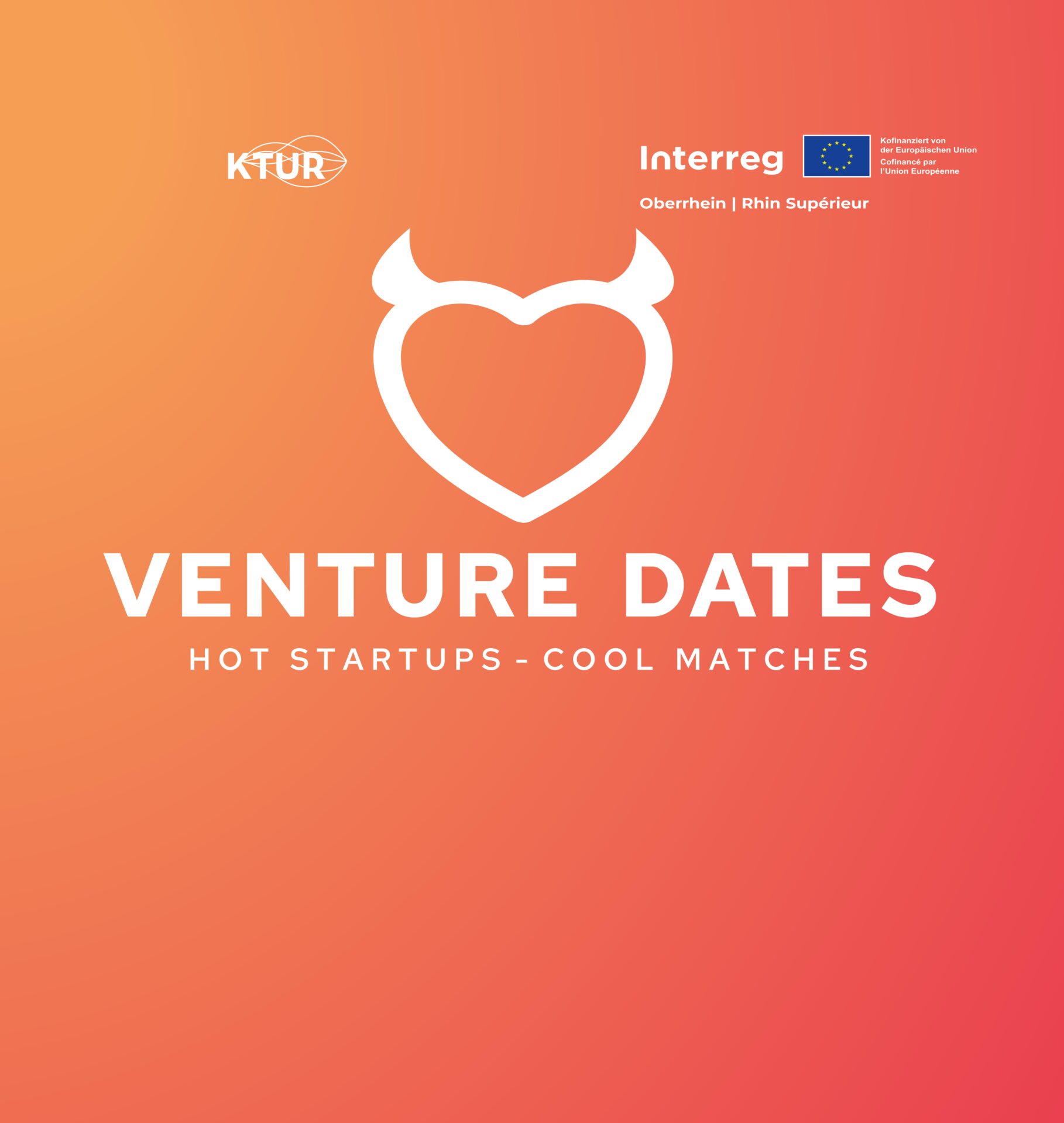 Logo der Venture Dates mit einem stilisierten Herz mit Hörnern, Schriftzug „Venture Dates – Hot Startups, Cool Matches“, Hintergrund in Orange-Rot-Verlauf.