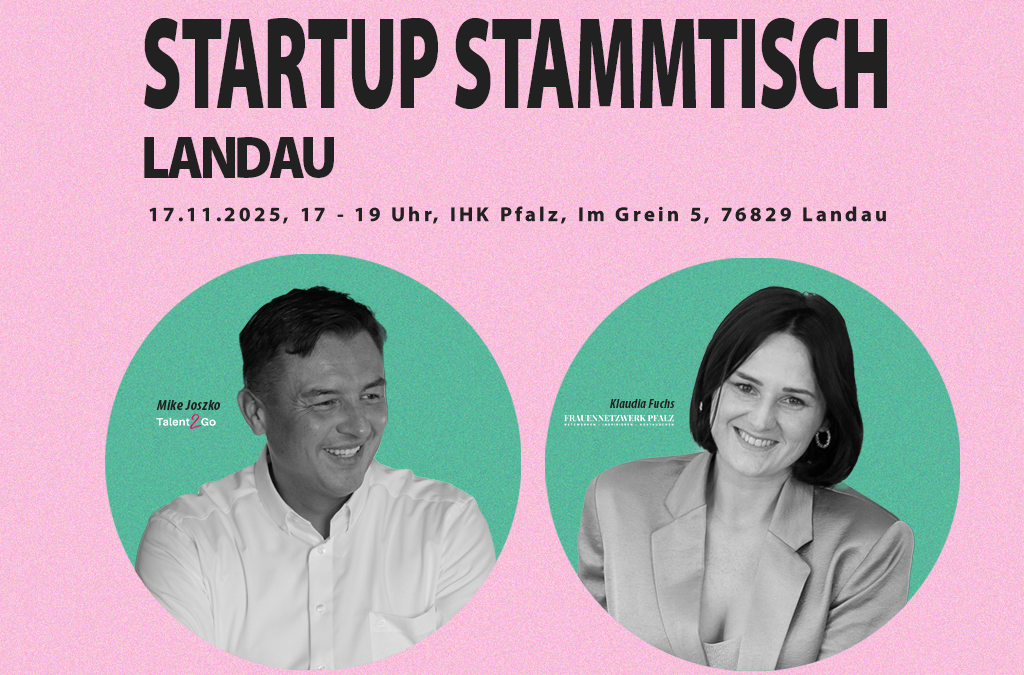 Ankündigung der Veranslaltung Startup Stammtisch Landau mit Portraits der beiden Referent*innen.